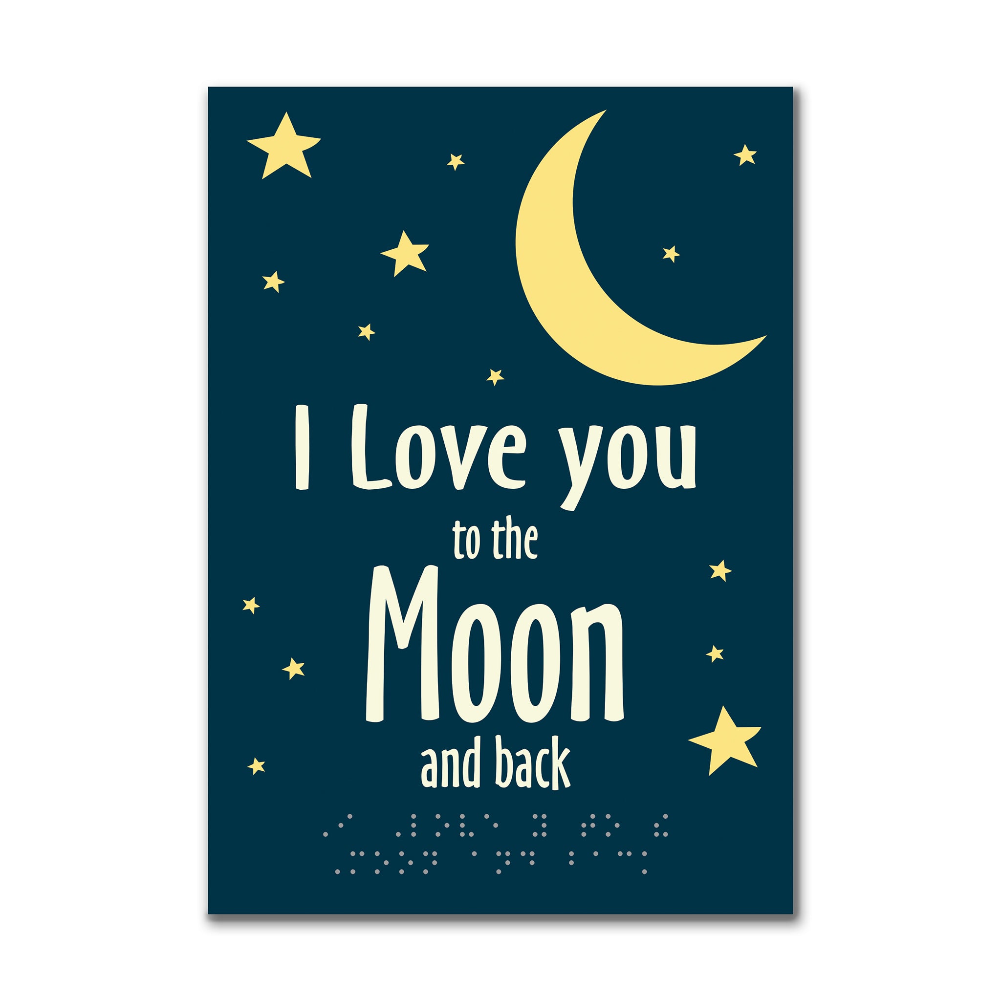 Card with 'I Love you to the Moon and back' text and moon and star illustrations on a dark blue background.