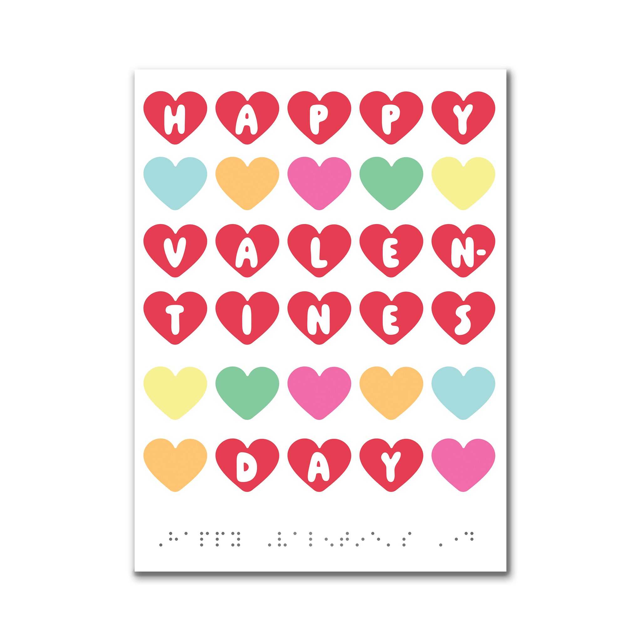 Valentine's Day card with colorful heart-shaped letters on a white background
