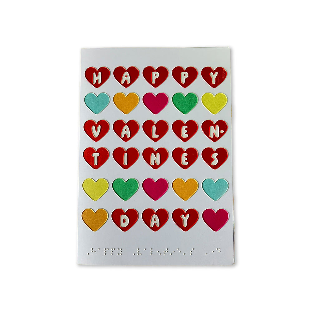 Valentine's Day card with colorful heart-shaped letters on a white background