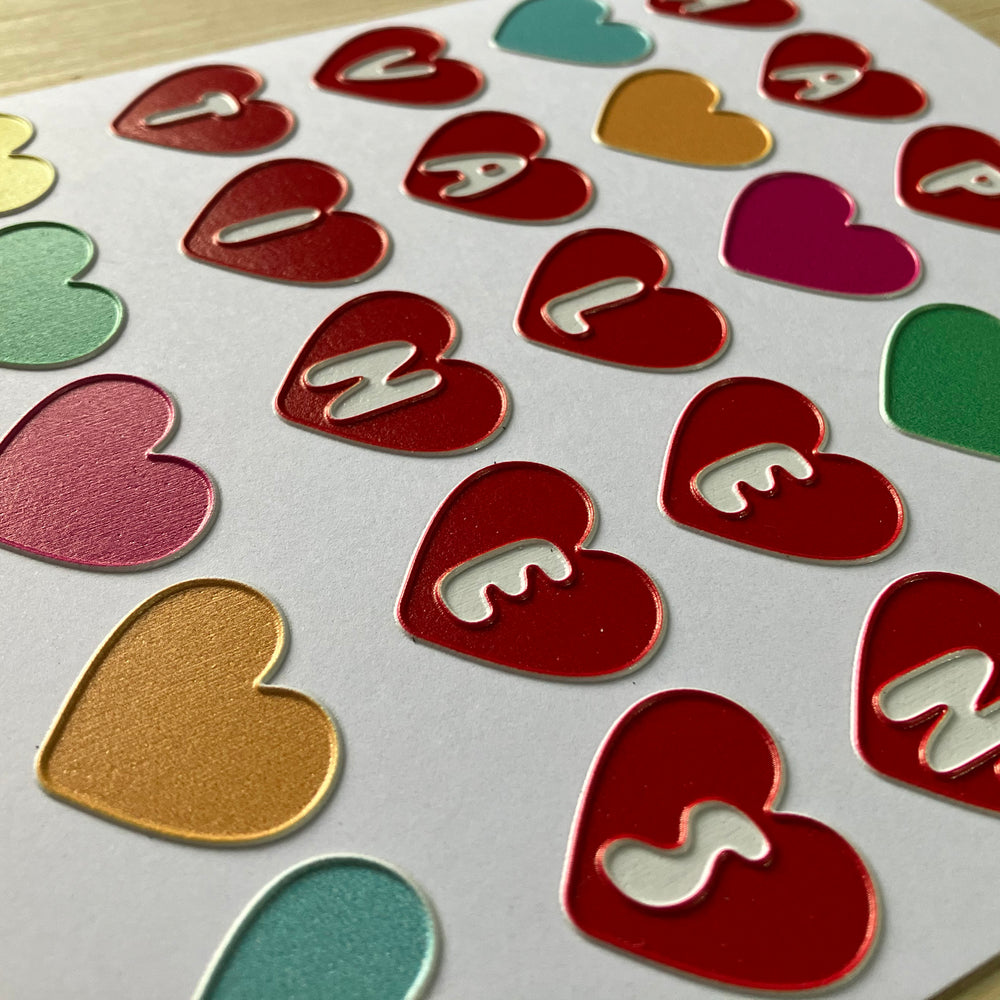 Close-up of tactile hearts on front of Valentine's card