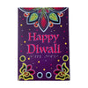 A rectangular purple greeting card with colorful Diwali-themed illustrations, including a mandala at the top, decorative flowers at the bottom corners, and the words 'Happy Diwali' in pink lettering, shown on a plain white background.