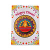 A Diwali greeting card featuring a colorful illustration of a lit diya in a circular mandala design, with 'Happy Diwali' written in red script at the top and decorative floral borders around the edges.