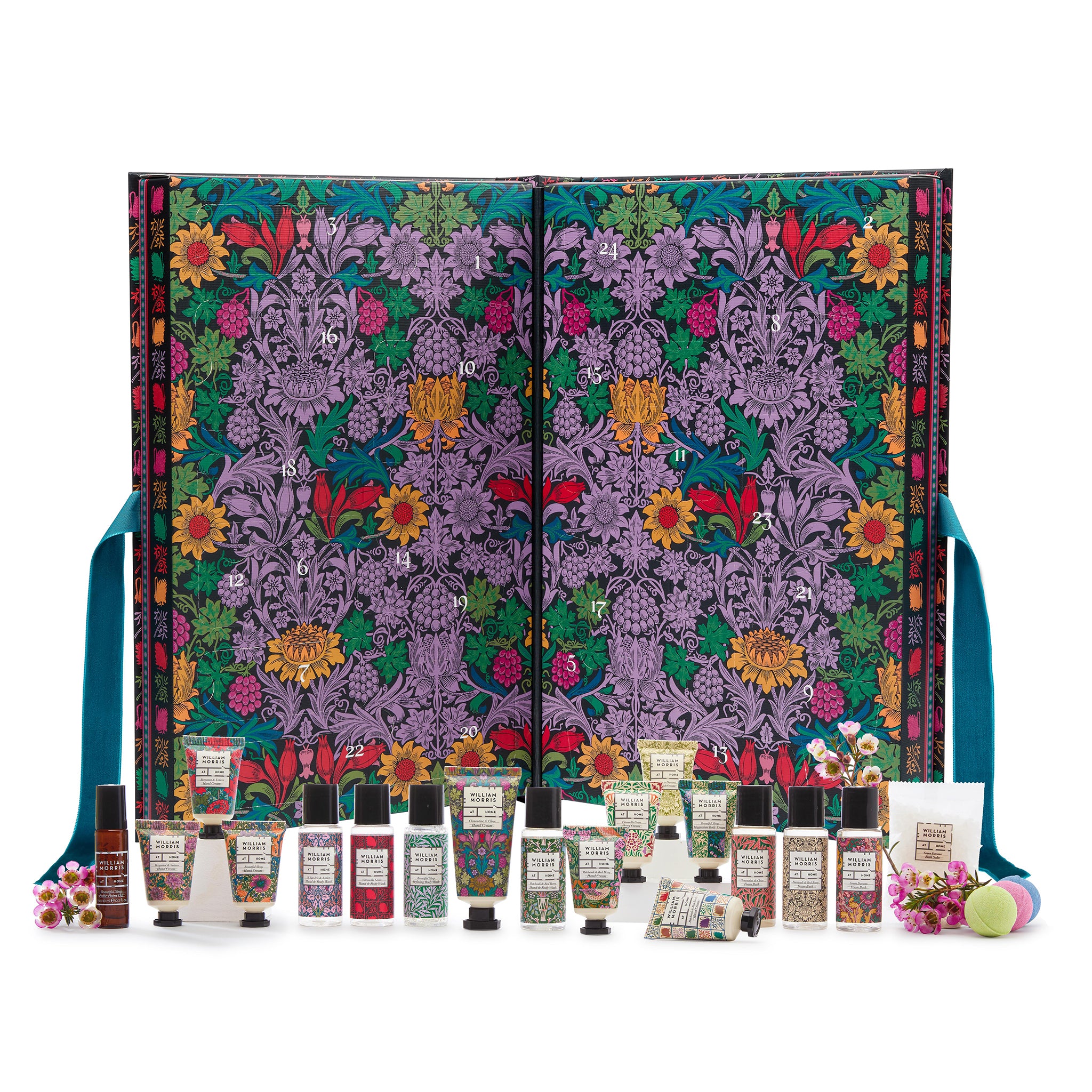 William Morris 24 day beauty advent calendar in the open position with the contents displayed in front.