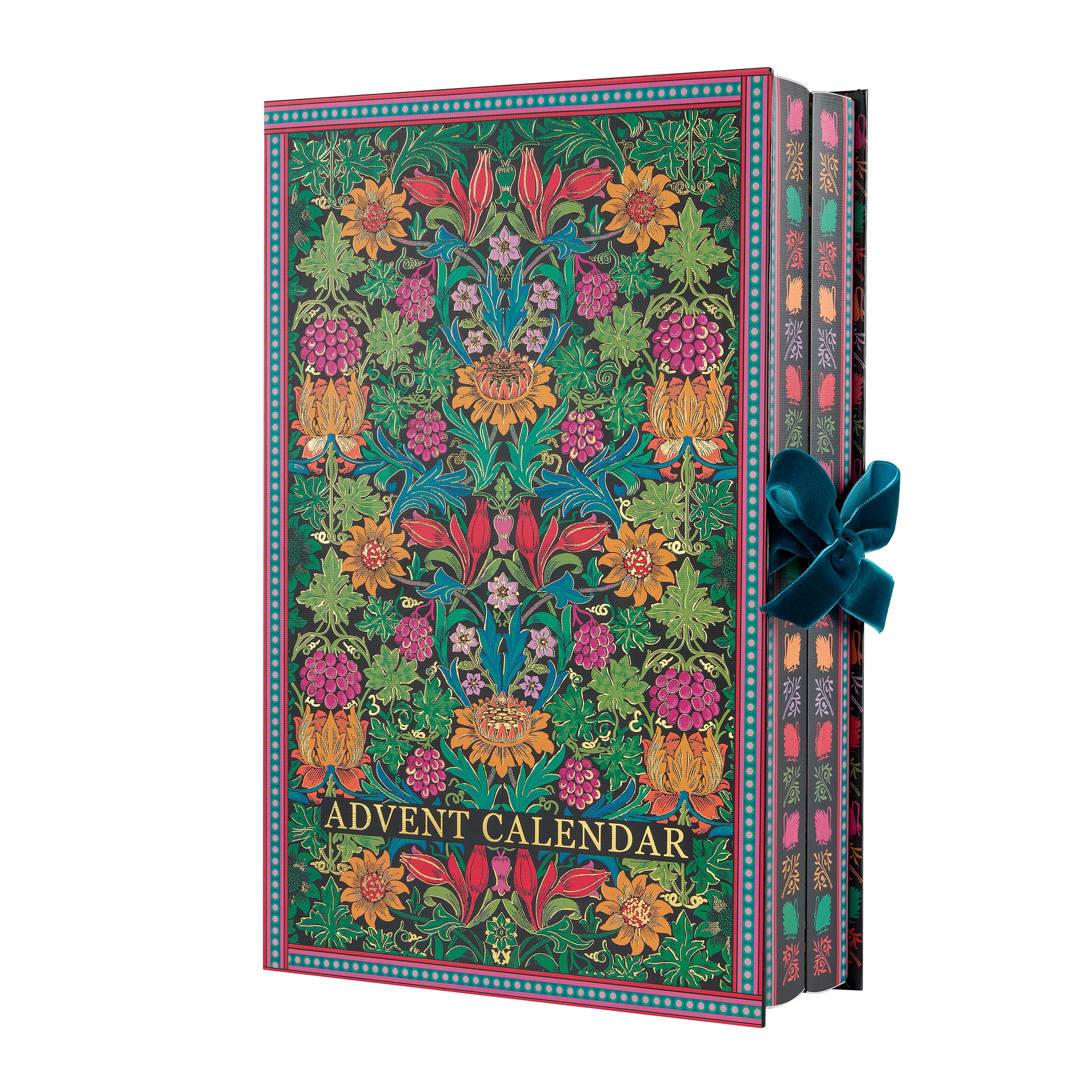 Decorative Advent Calendar with floral design and a blue ribbon on a white background