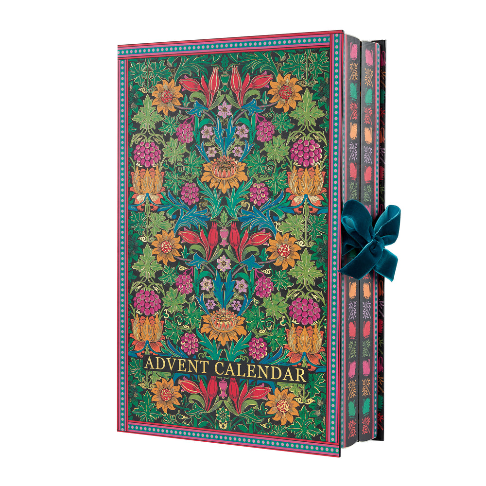 Decorative Advent Calendar with floral design and a blue ribbon on a white background