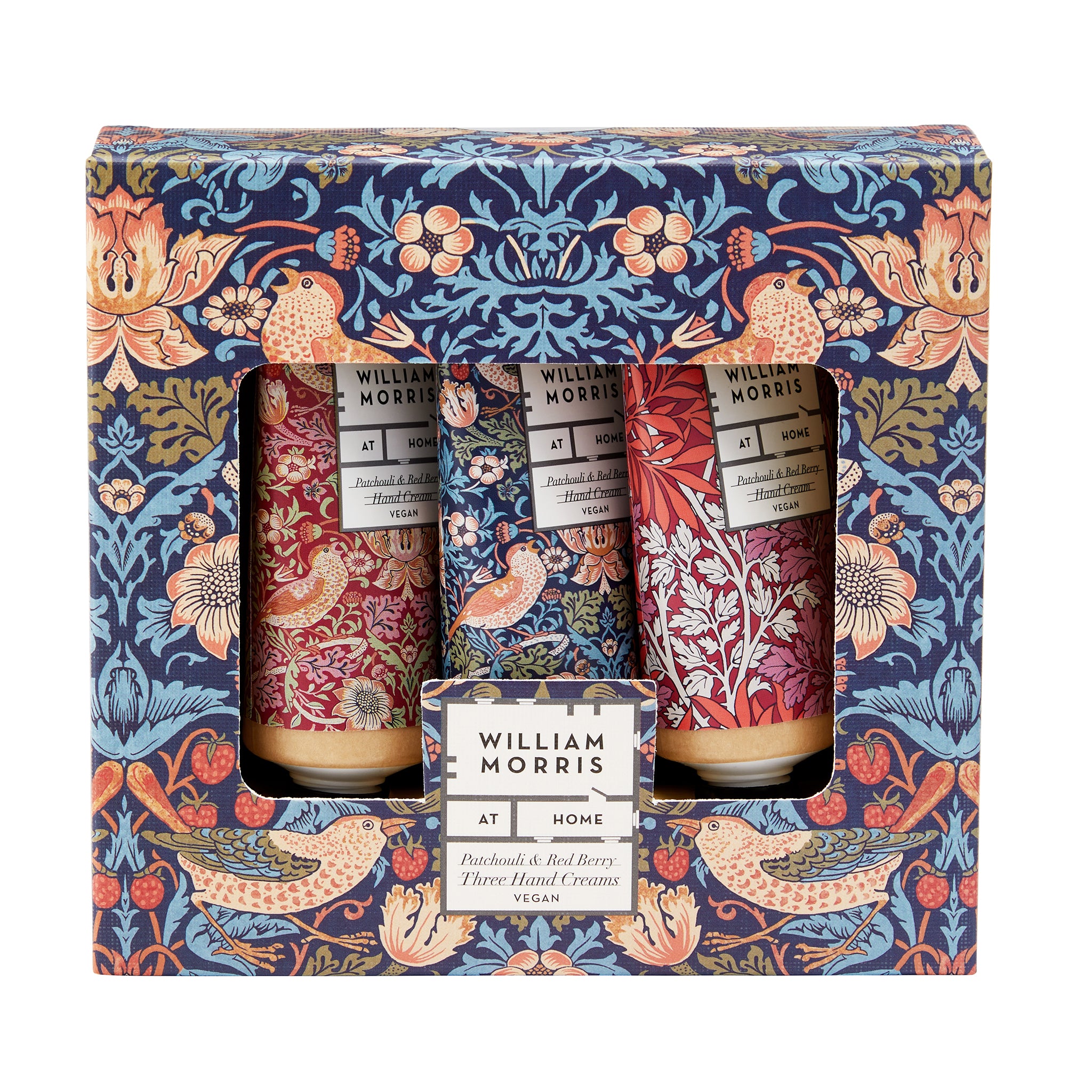 Set of three hand creams in a decorative box with William Morris design