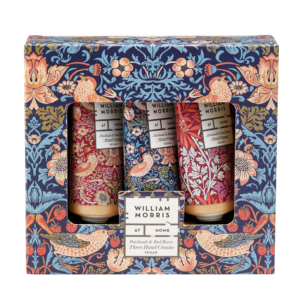 Set of three hand creams in a decorative box with William Morris design