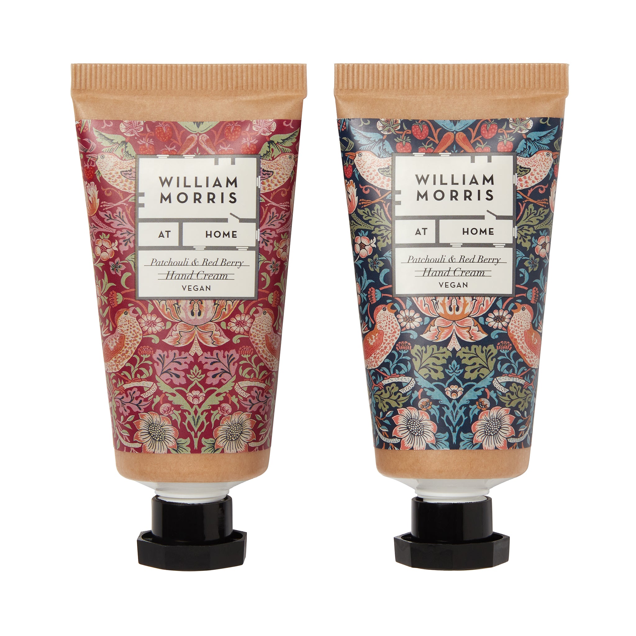 Two tubes of William Morris hand cream with floral designs on a white background