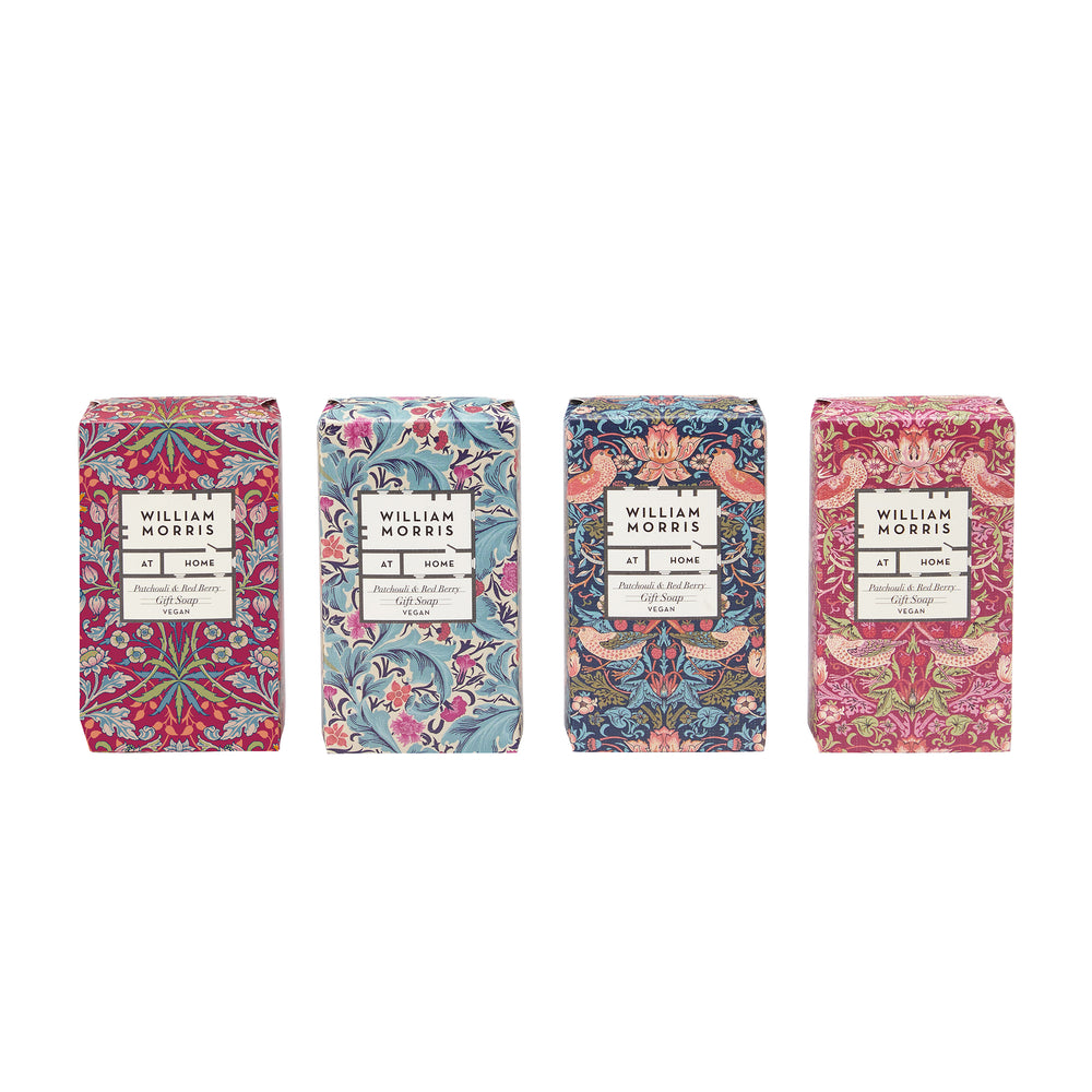 Four William Morris soaps with colorful designs on a white background.