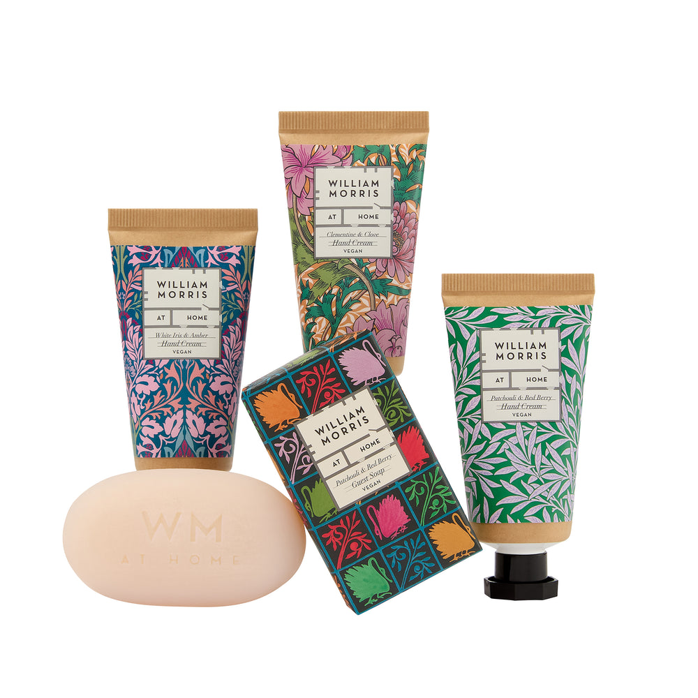 Collection of William Morris branded products including soap and hand cream on a white background.