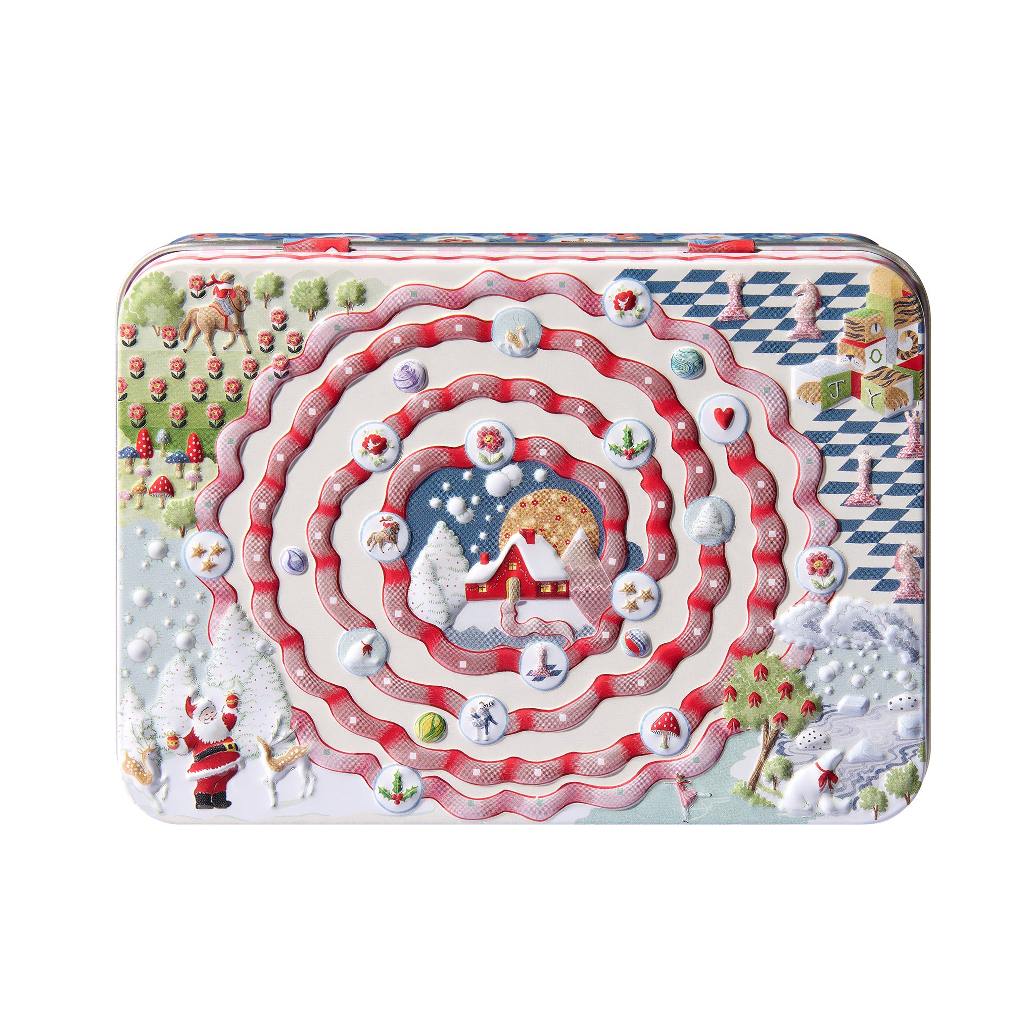 Cath Kidston decorative tin with a winter scene design on a white background