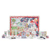 Advent calendar with various beauty products on a white background
