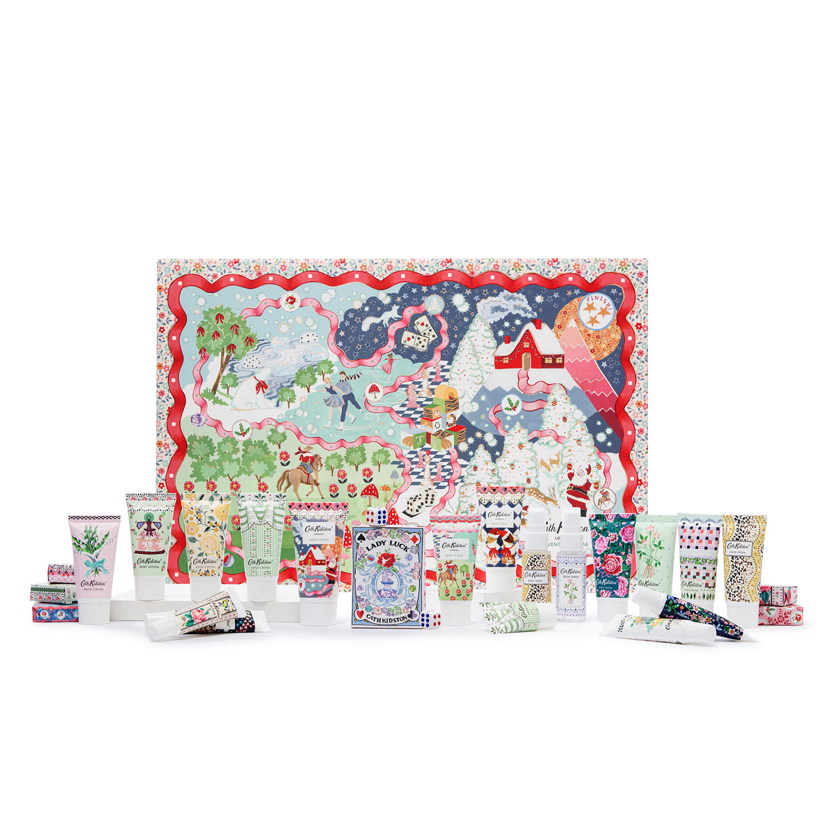 Advent calendar with various beauty products on a white background