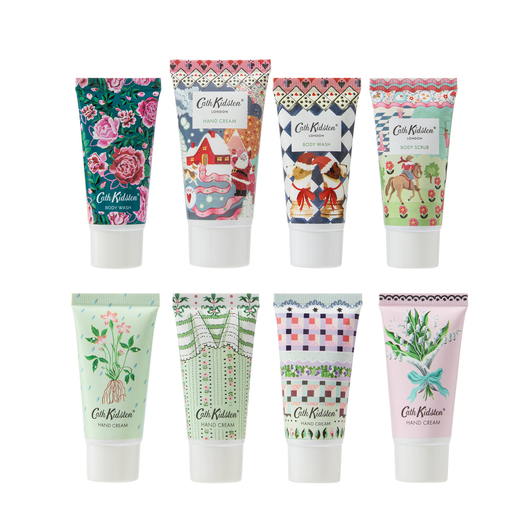 Set of eight Cath Kidston hand creams with various designs on a white background