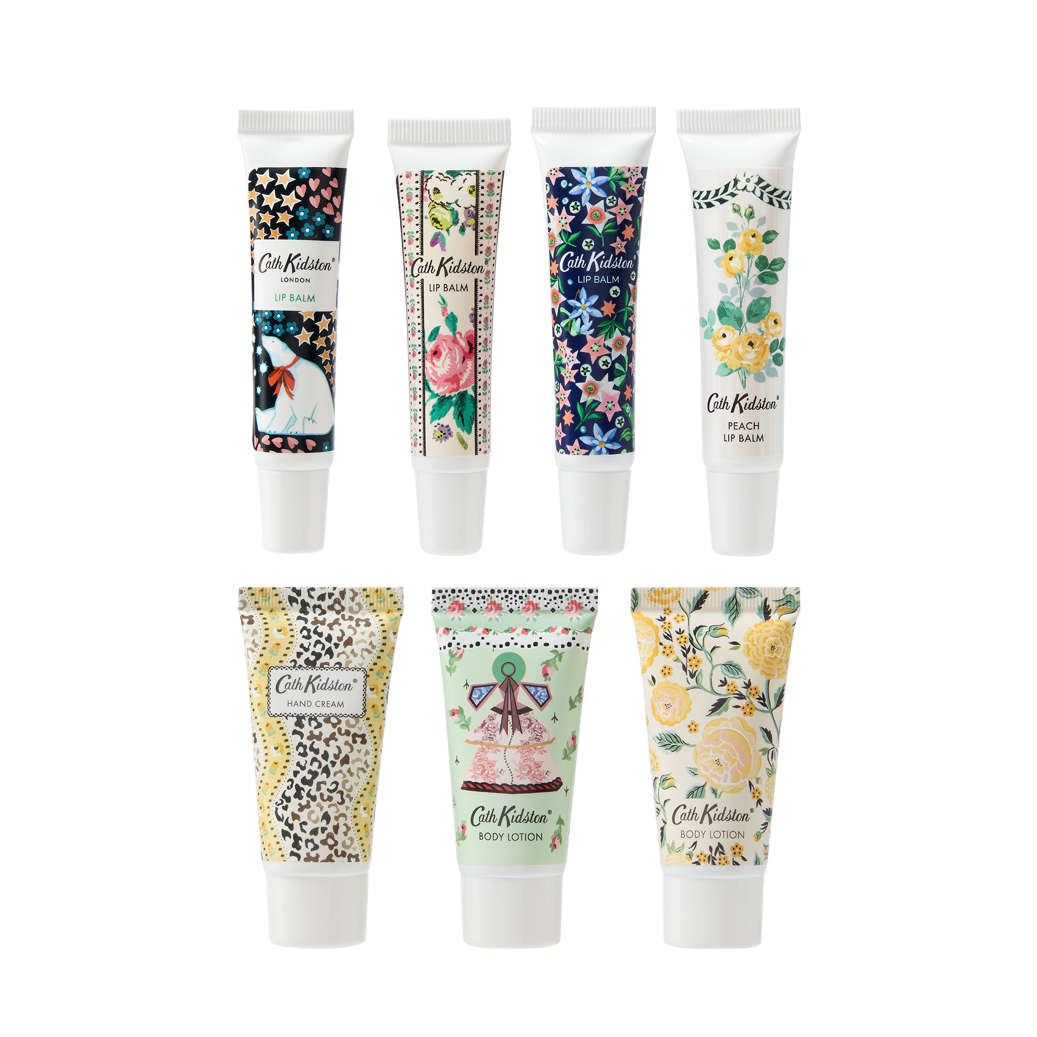 Set of Cath Kidston skincare products with floral and animal print designs on a white background