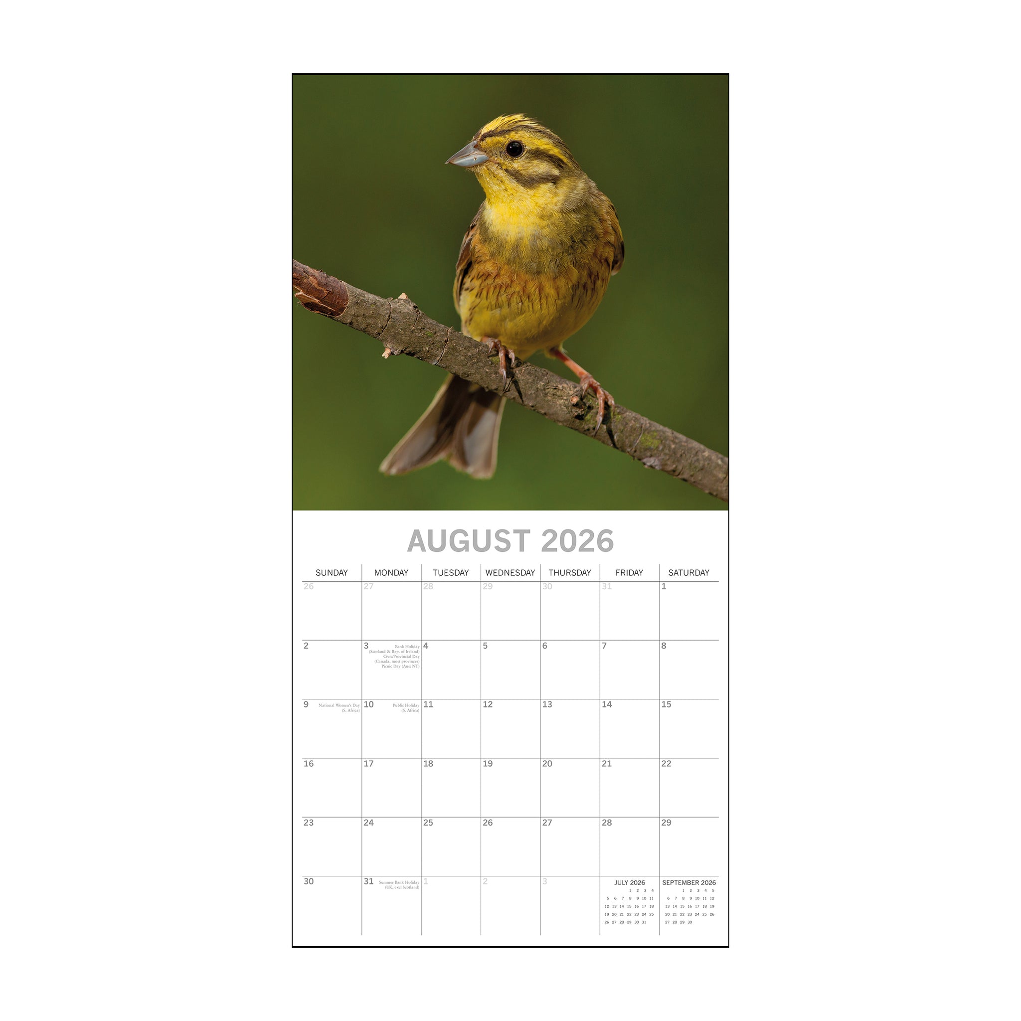 Calendar for August 2026 featuring a yellow bird on a branch