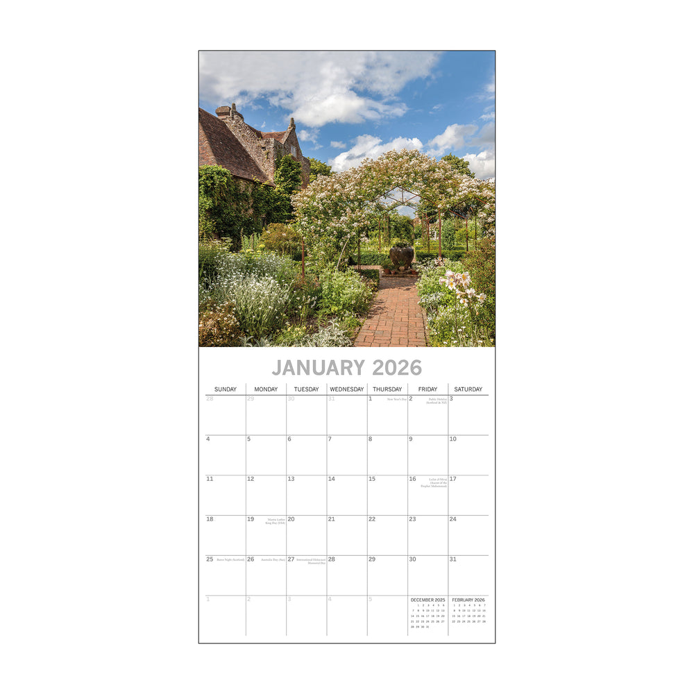 Calendar for January 2026 with a garden scene on a white background