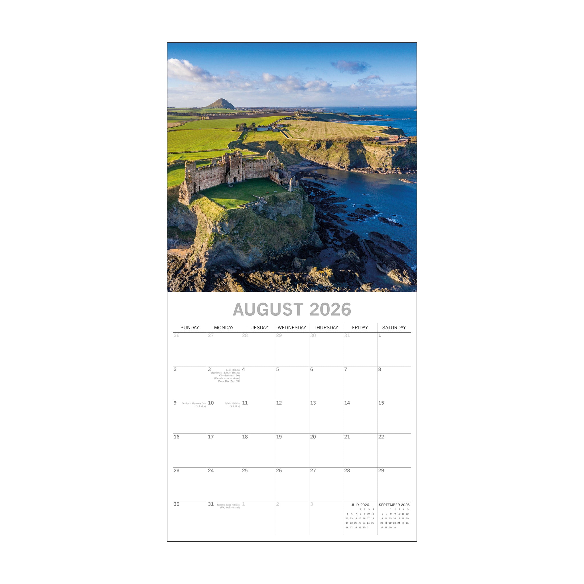 Calendar page for August 2026 with a scenic coastal landscape.