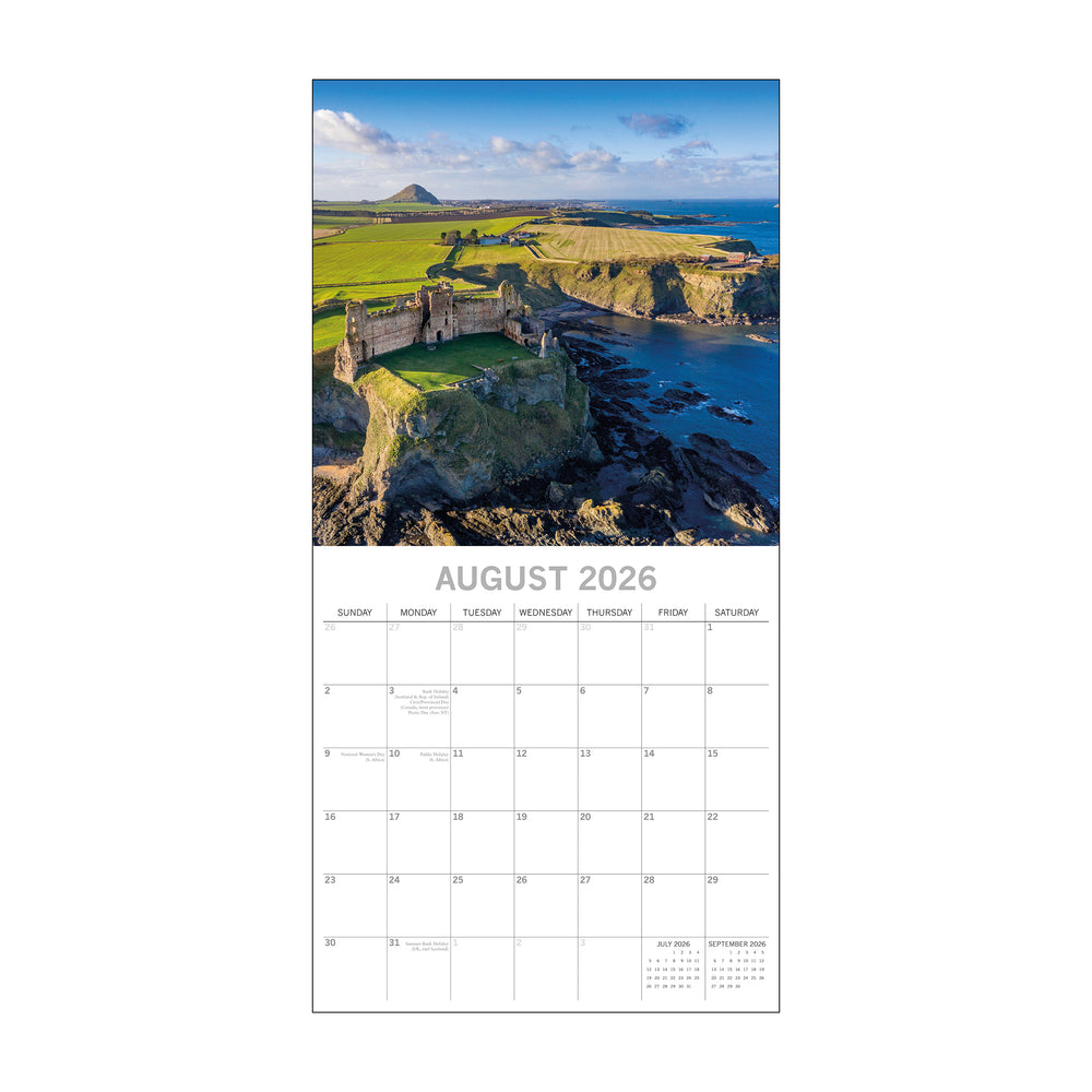 Calendar page for August 2026 with a scenic coastal landscape.