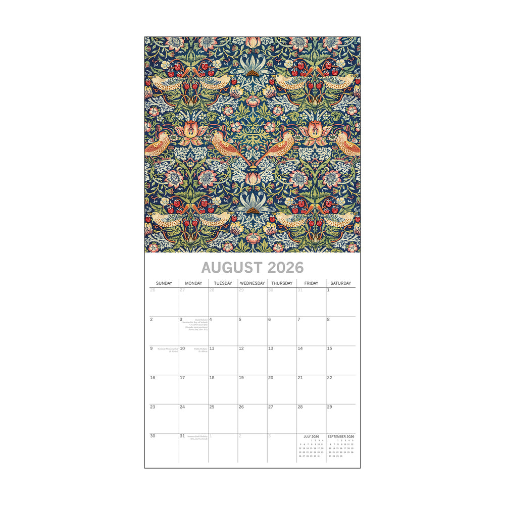 Calendar page for August 2026 with a colorful floral and bird pattern on a white background.