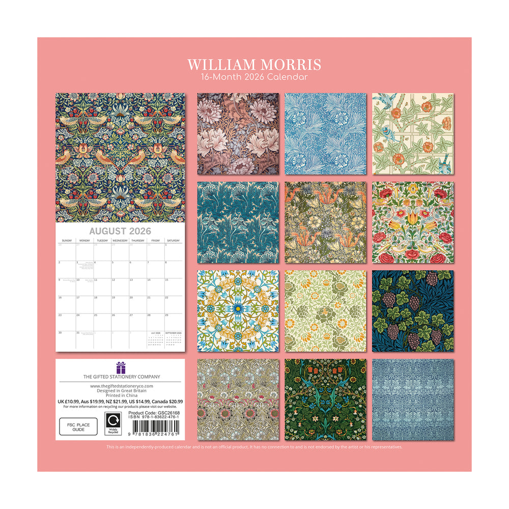 Rear cover of William Morris 2026 calendar with floral patterns on a pink background