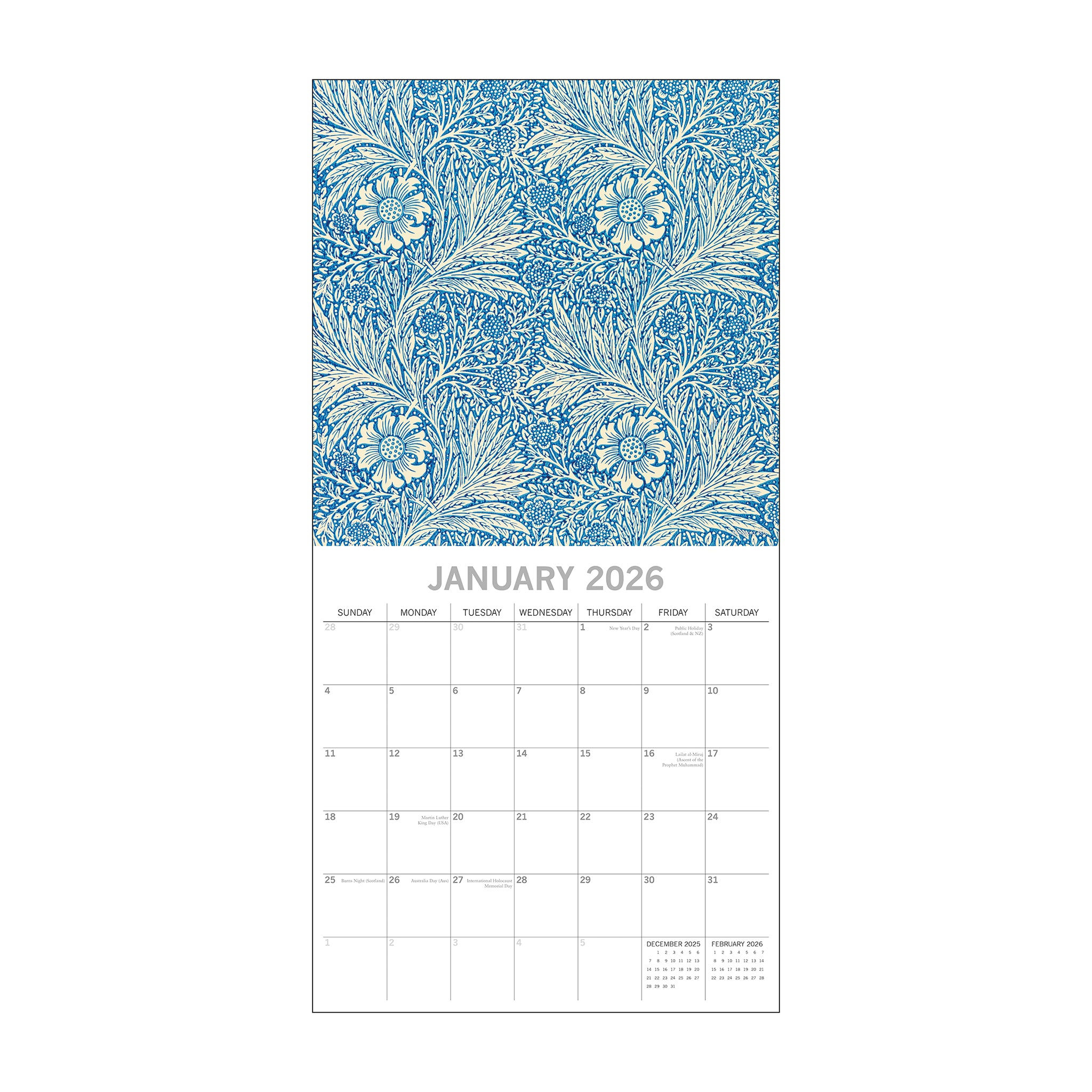 Calendar page for January with floral design on a white background
