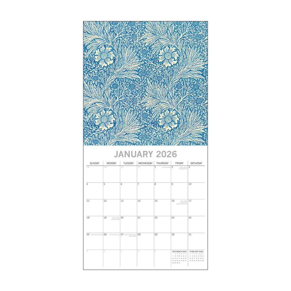 Calendar page for January with floral design on a white background