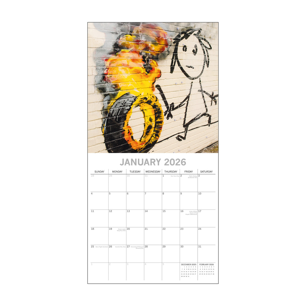 Calendar for January 2026 with a stick figure and abstract art design on a white background