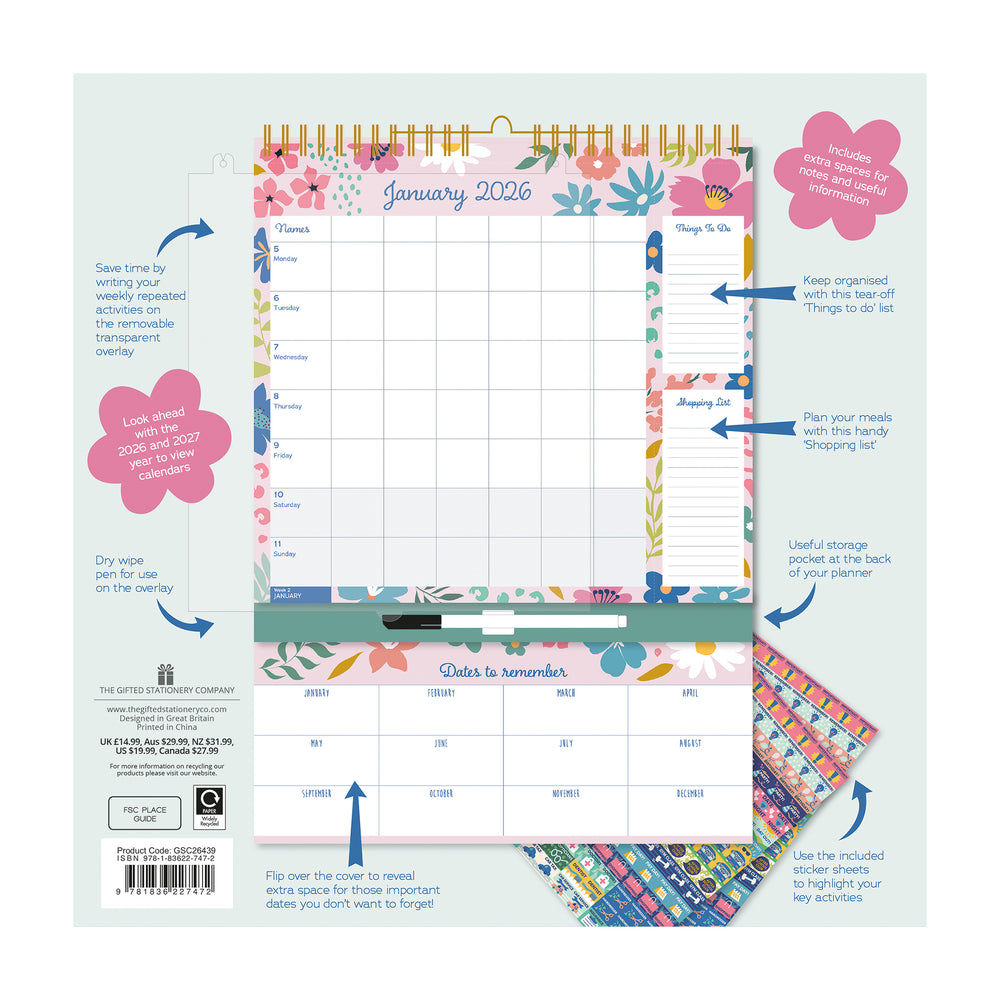 Rear cover of Floral-themed planner with January 2026 layout on a white background