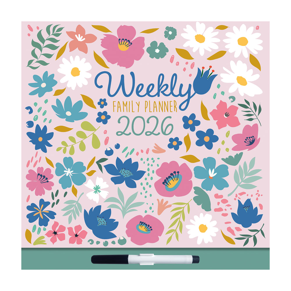 Weekly family planner for 2026 with floral design on a pink background