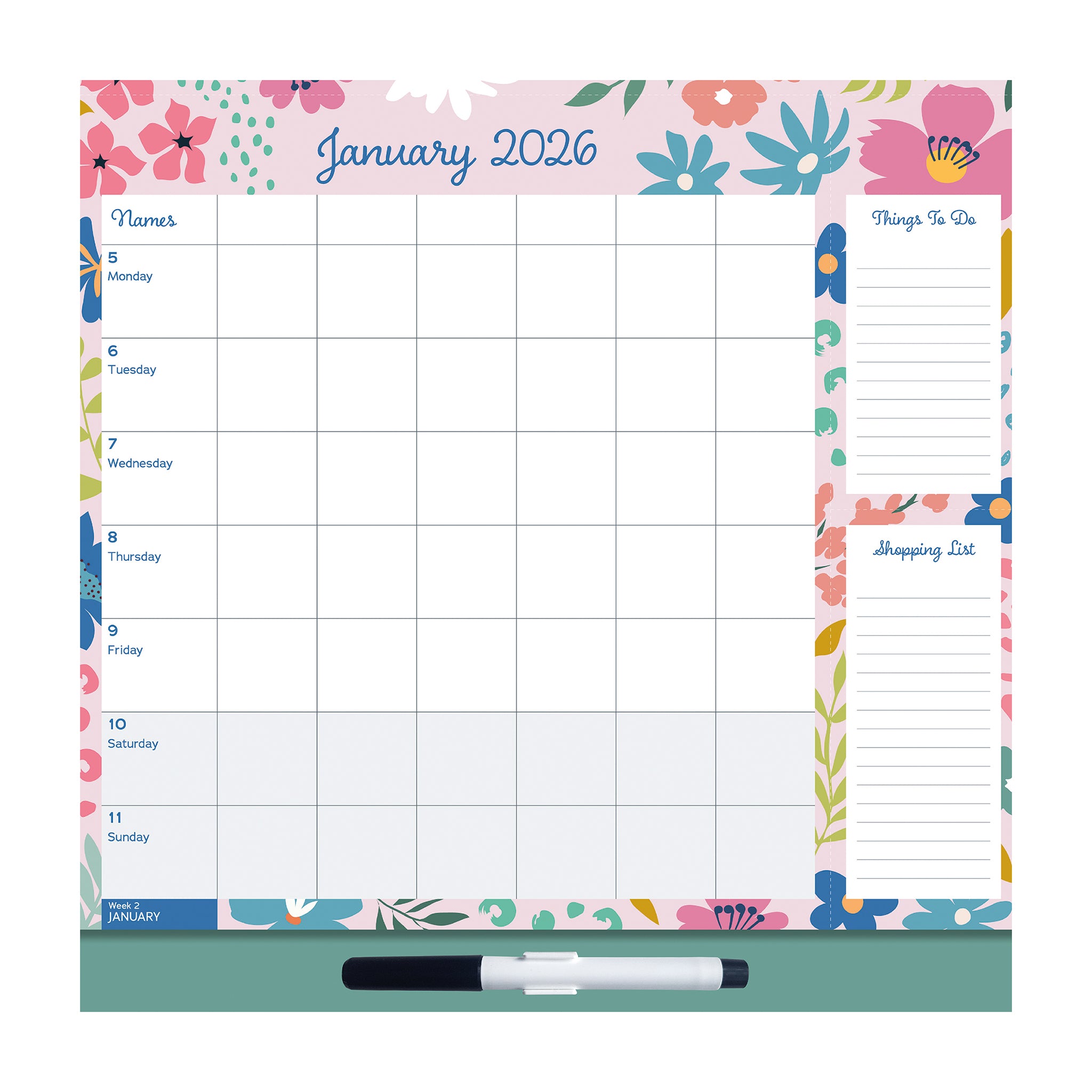 Floral-themed monthly planner for January 2026 with calendar grid and notes sections.