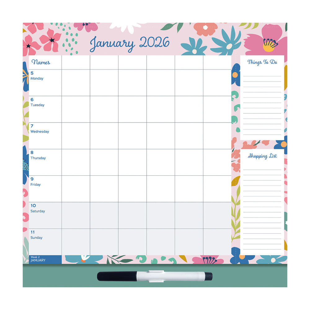 Floral-themed monthly planner for January 2026 with calendar grid and notes sections.