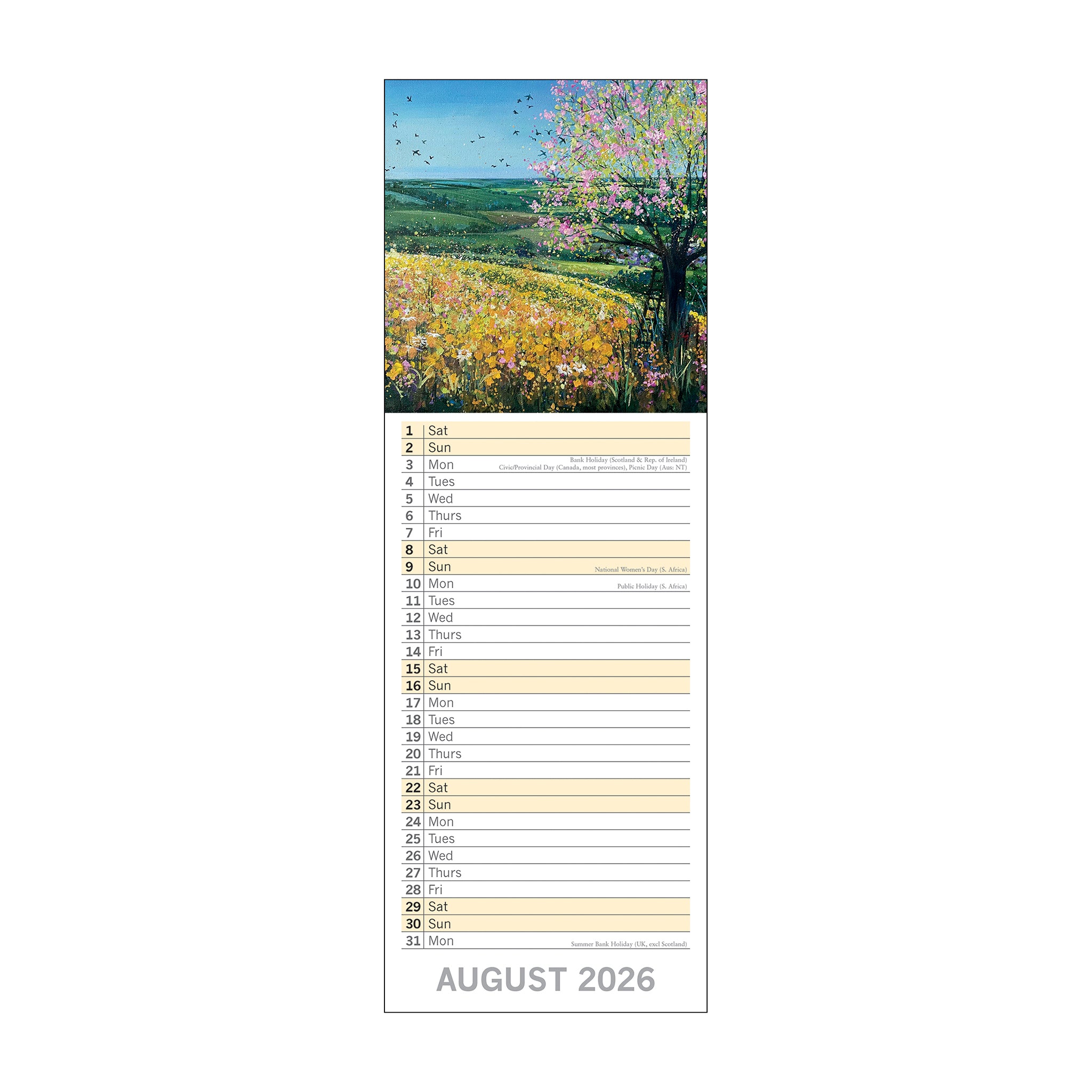 Calendar page for August 2026 with a scenic landscape of flowers and trees.