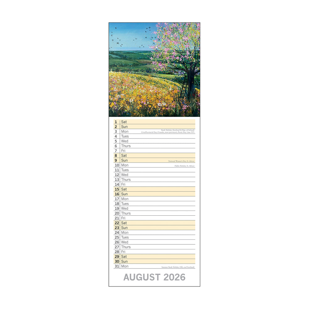 Calendar page for August 2026 with a scenic landscape of flowers and trees.