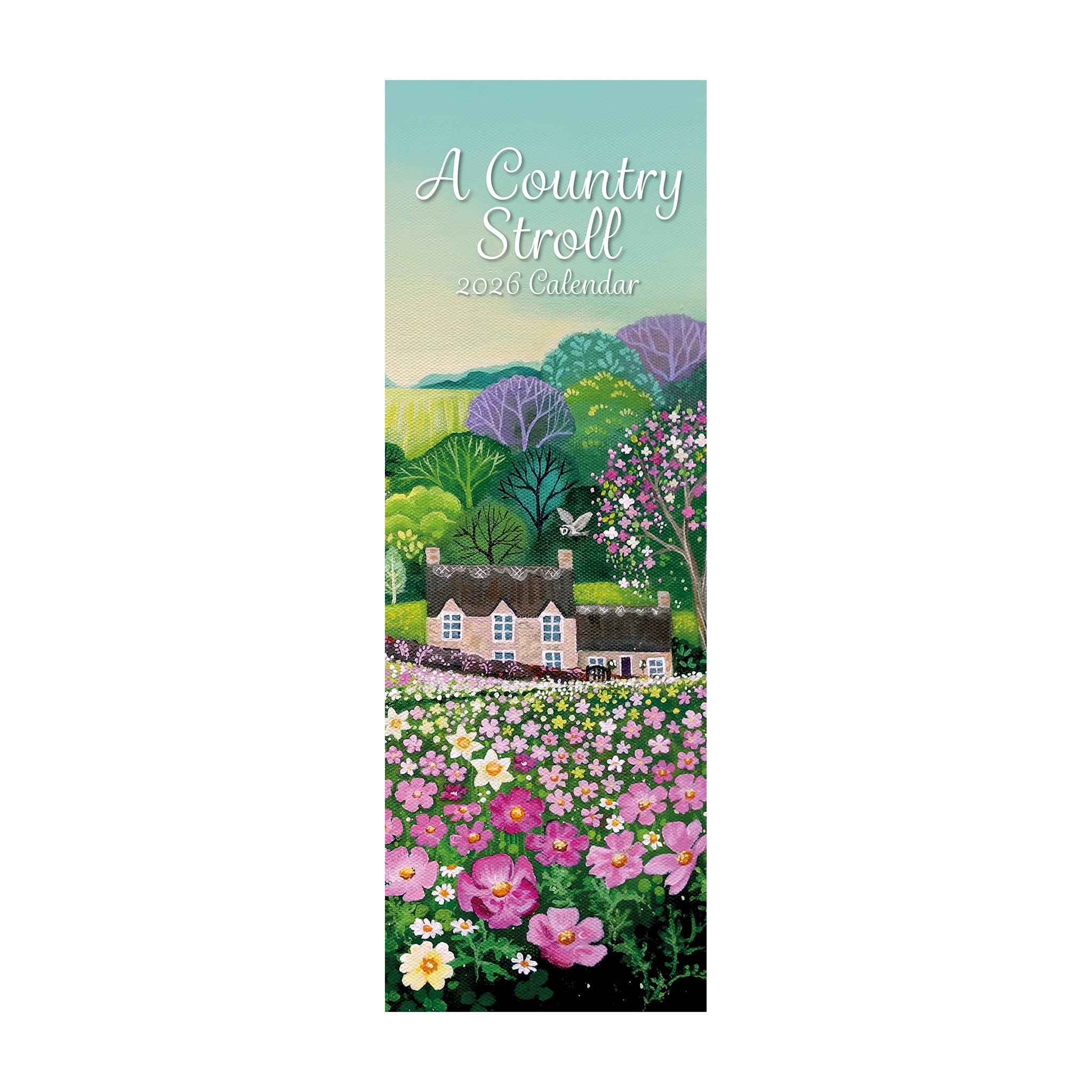Calendar cover with a scenic illustration of a country house and flowers, titled 'A Country Stroll'.