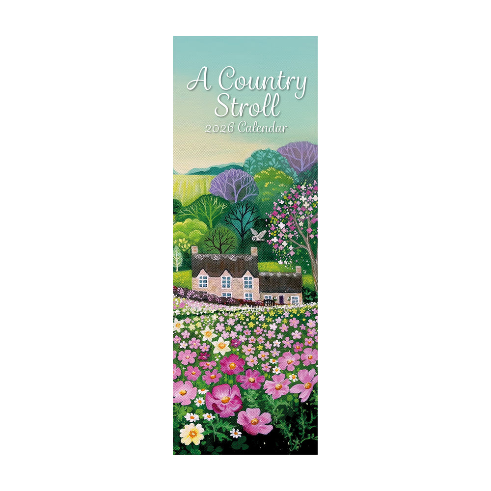Calendar cover with a scenic illustration of a country house and flowers, titled 'A Country Stroll'.