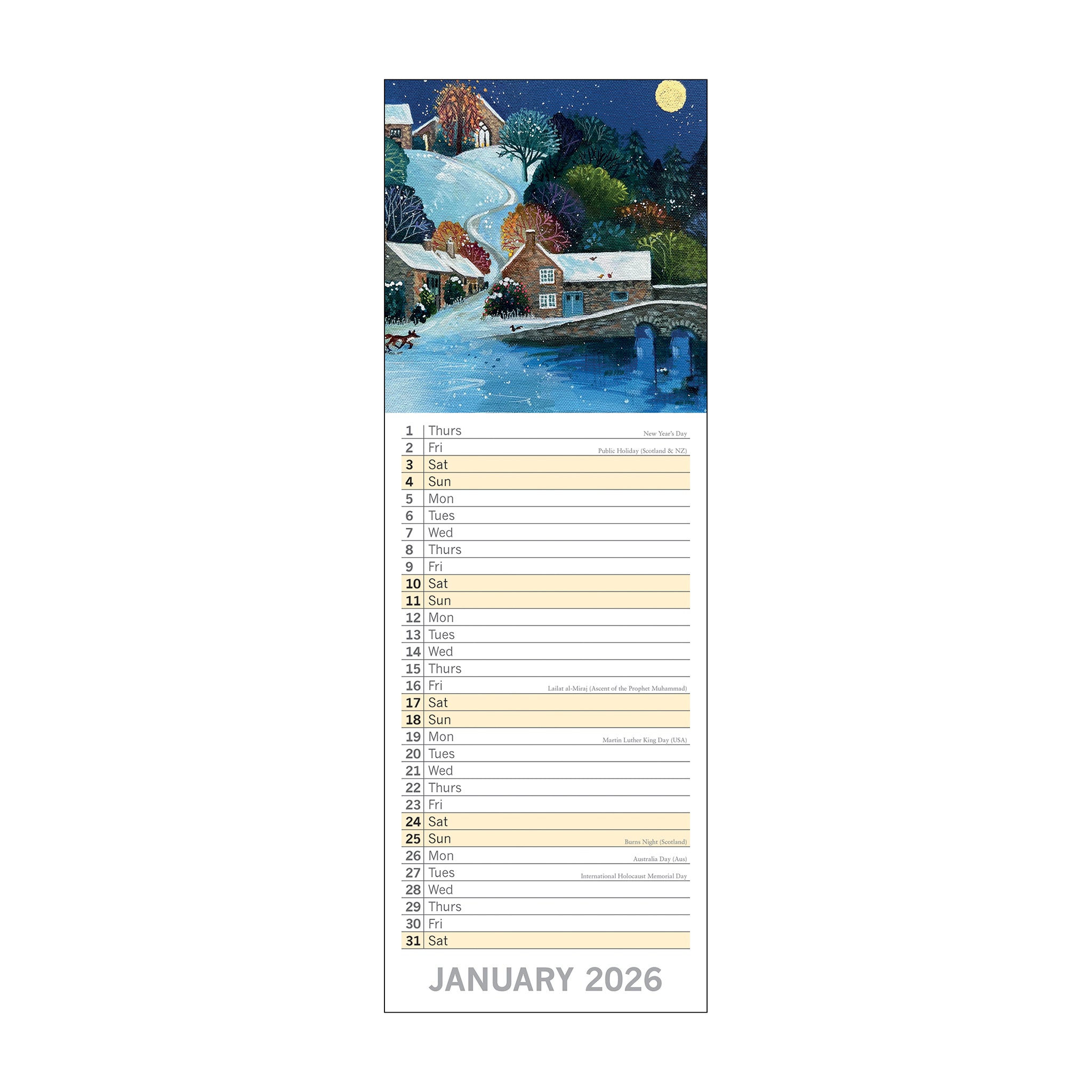 Calendar with a winter village scene on a white background
