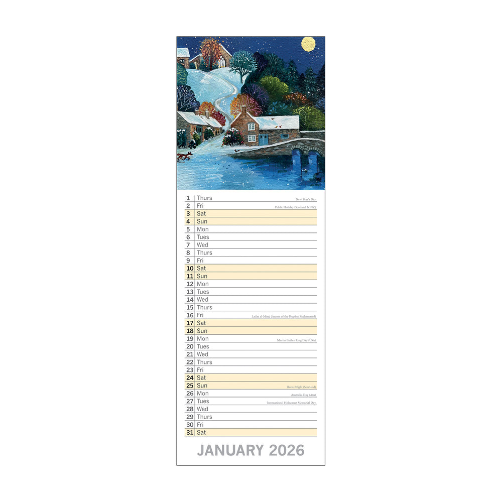 Calendar with a winter village scene on a white background