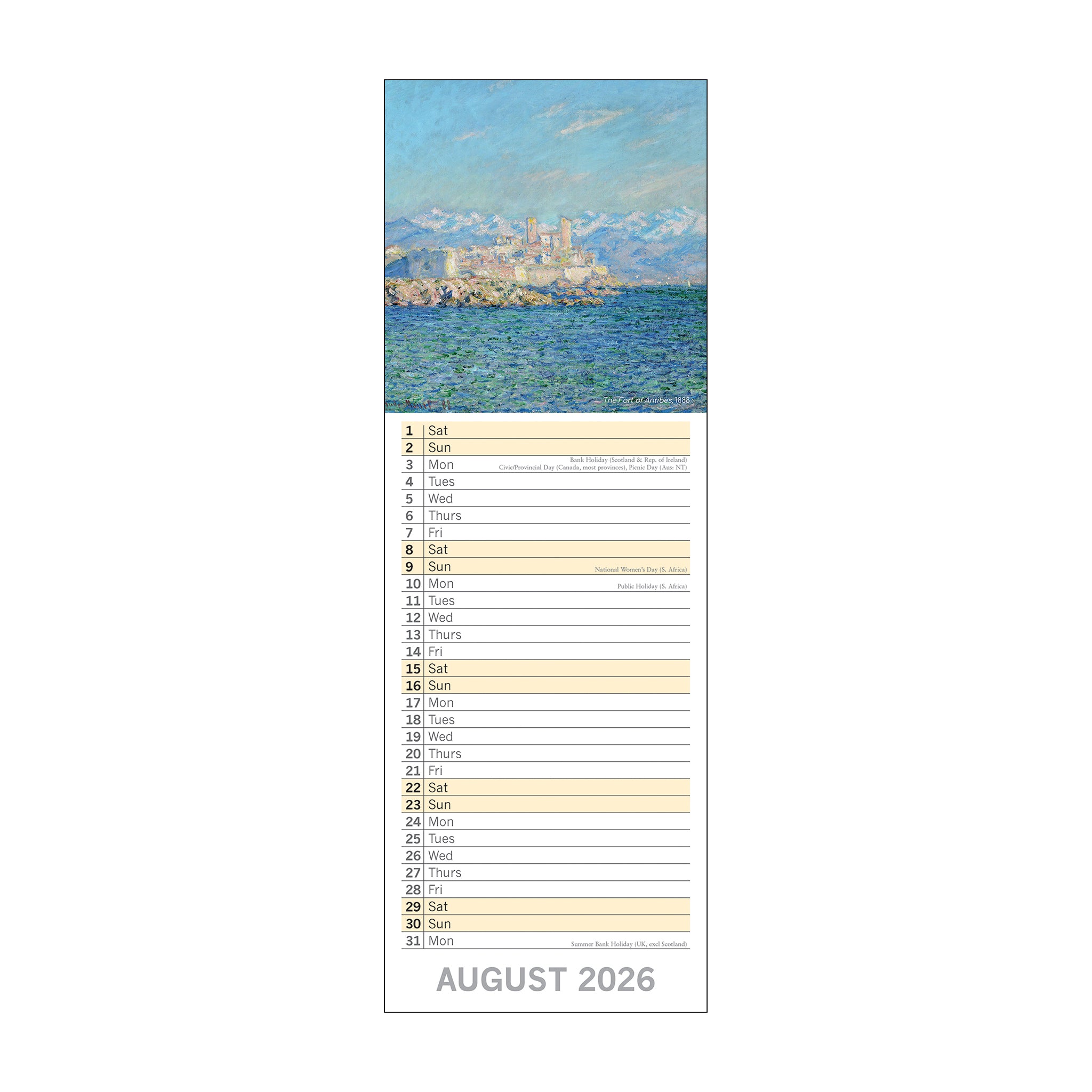 Calendar page for August 2026 with a scenic painting of a city by a body of water.