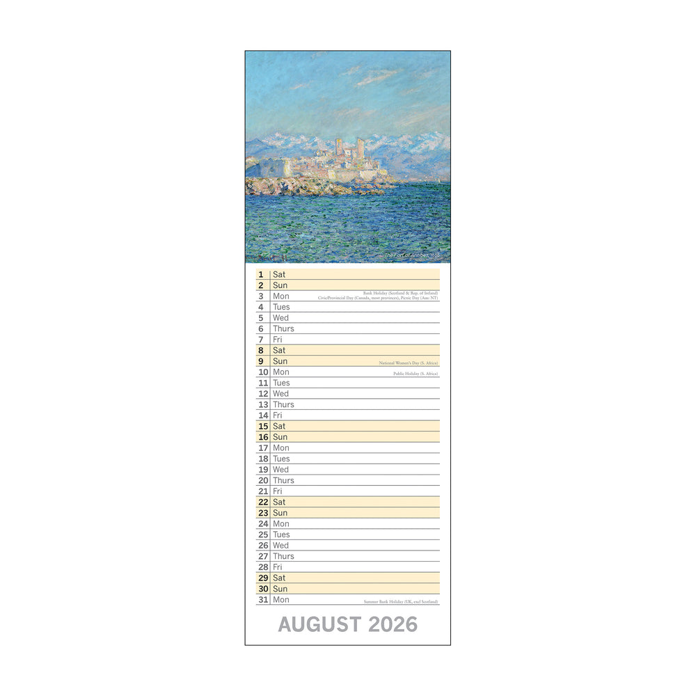 Calendar page for August 2026 with a scenic painting of a city by a body of water.