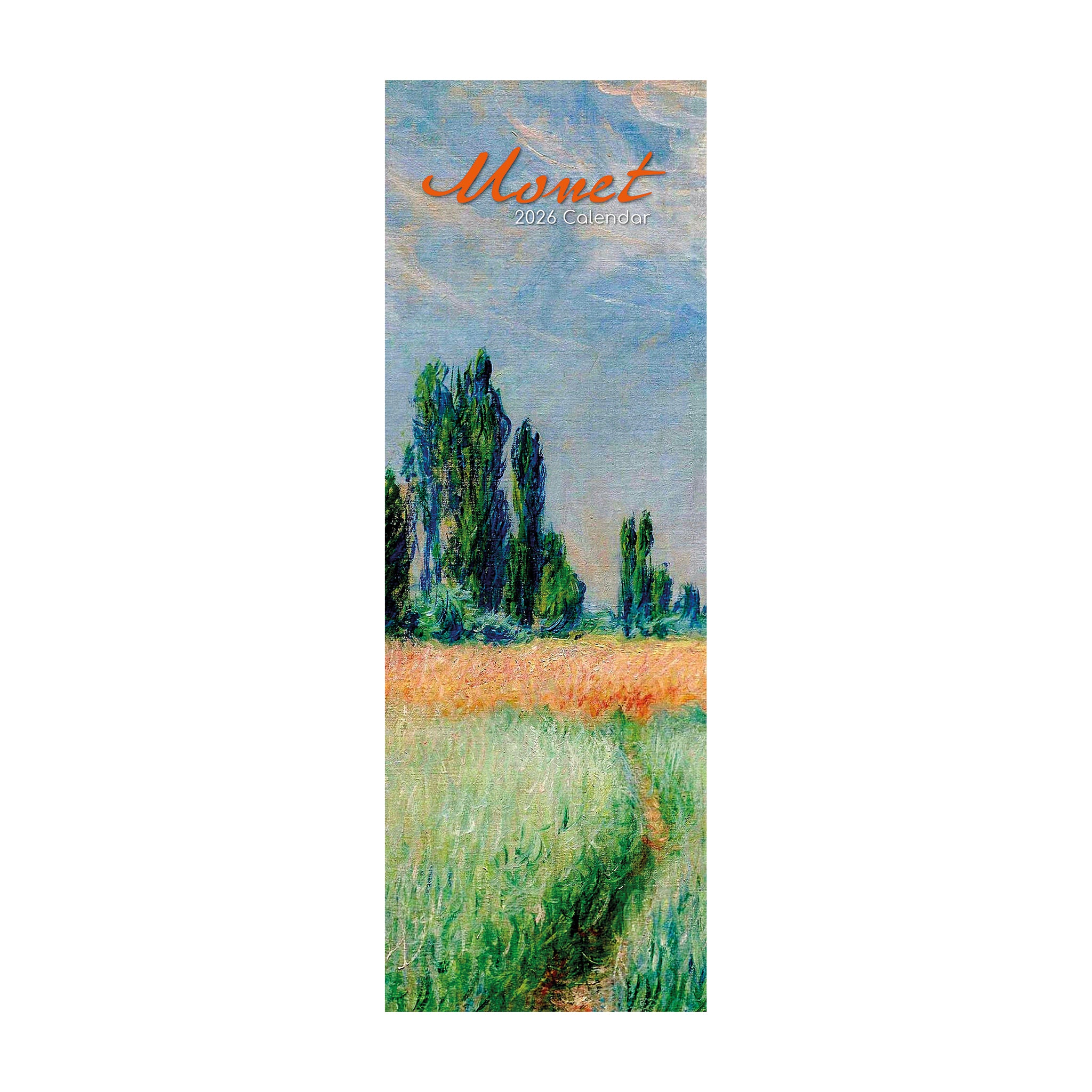 Calendar cover with a painting of a field and trees, featuring text 'Monet'.