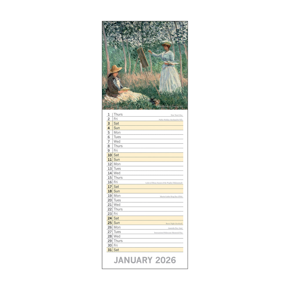 Calendar with a painting of two people in a garden on a white background