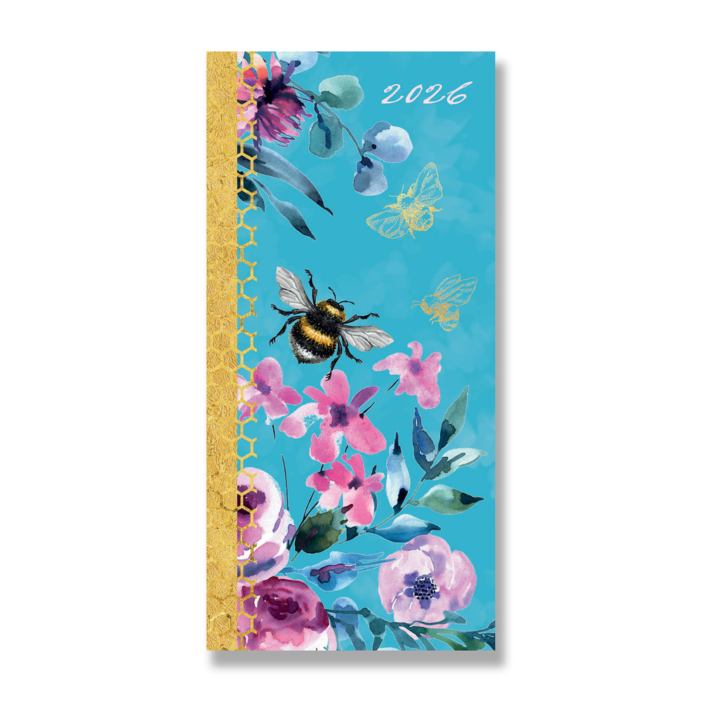 Pocket Diary with floral design and bees on a blue background.