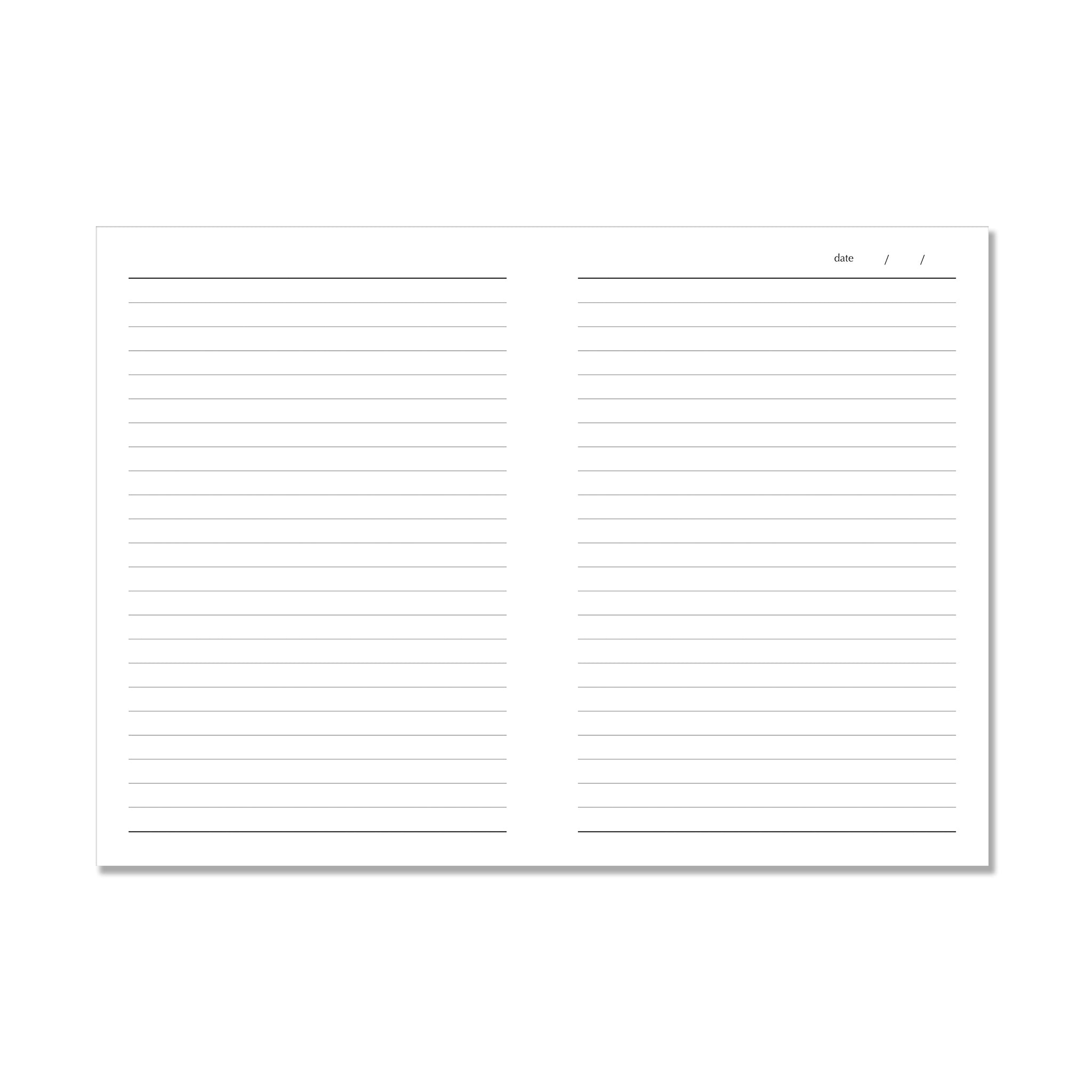 Open pages of the A5 Notebook with ruled lines and a space for the date in the top right corner.