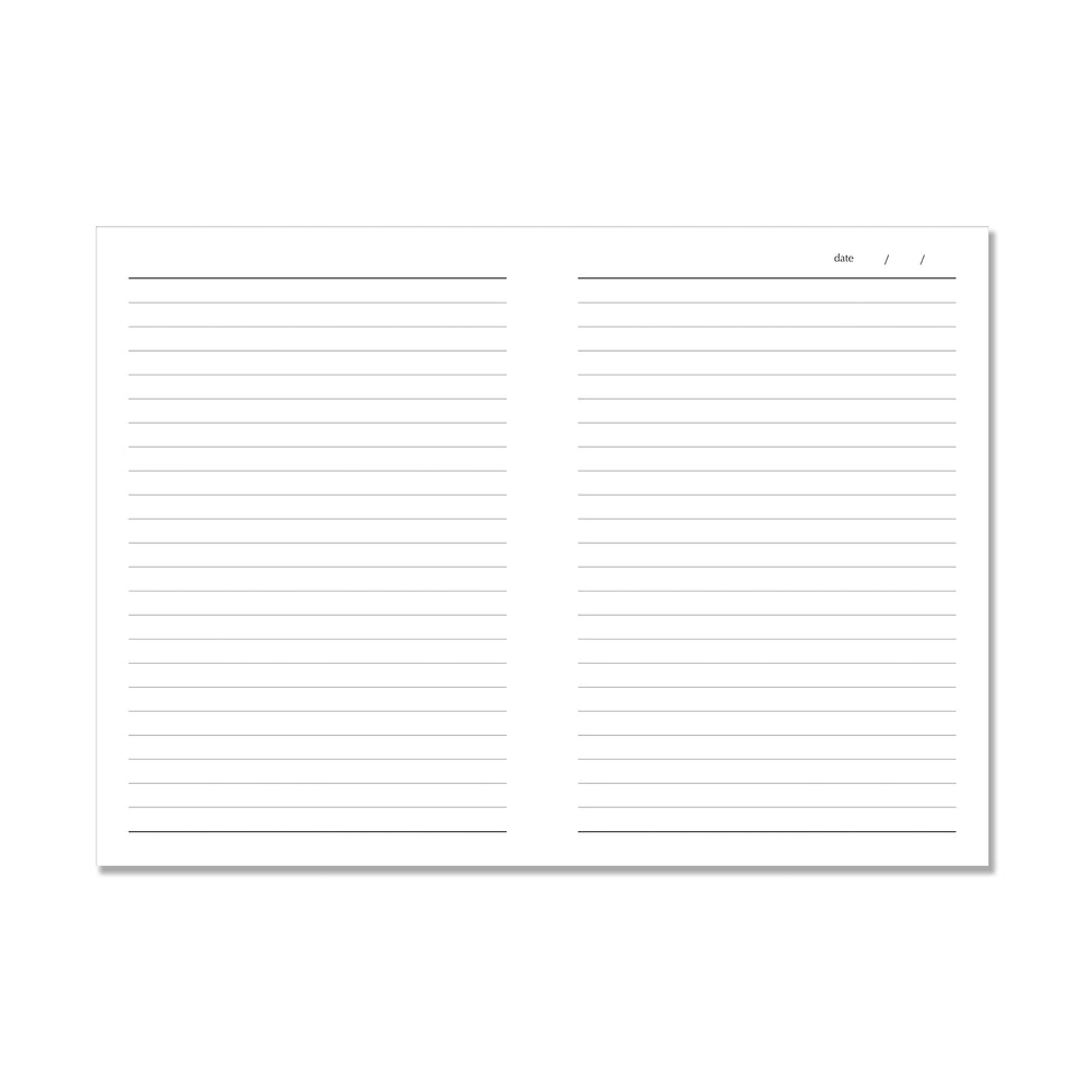 Open pages of the A5 Notebook with ruled lines and a space for the date in the top right corner.
