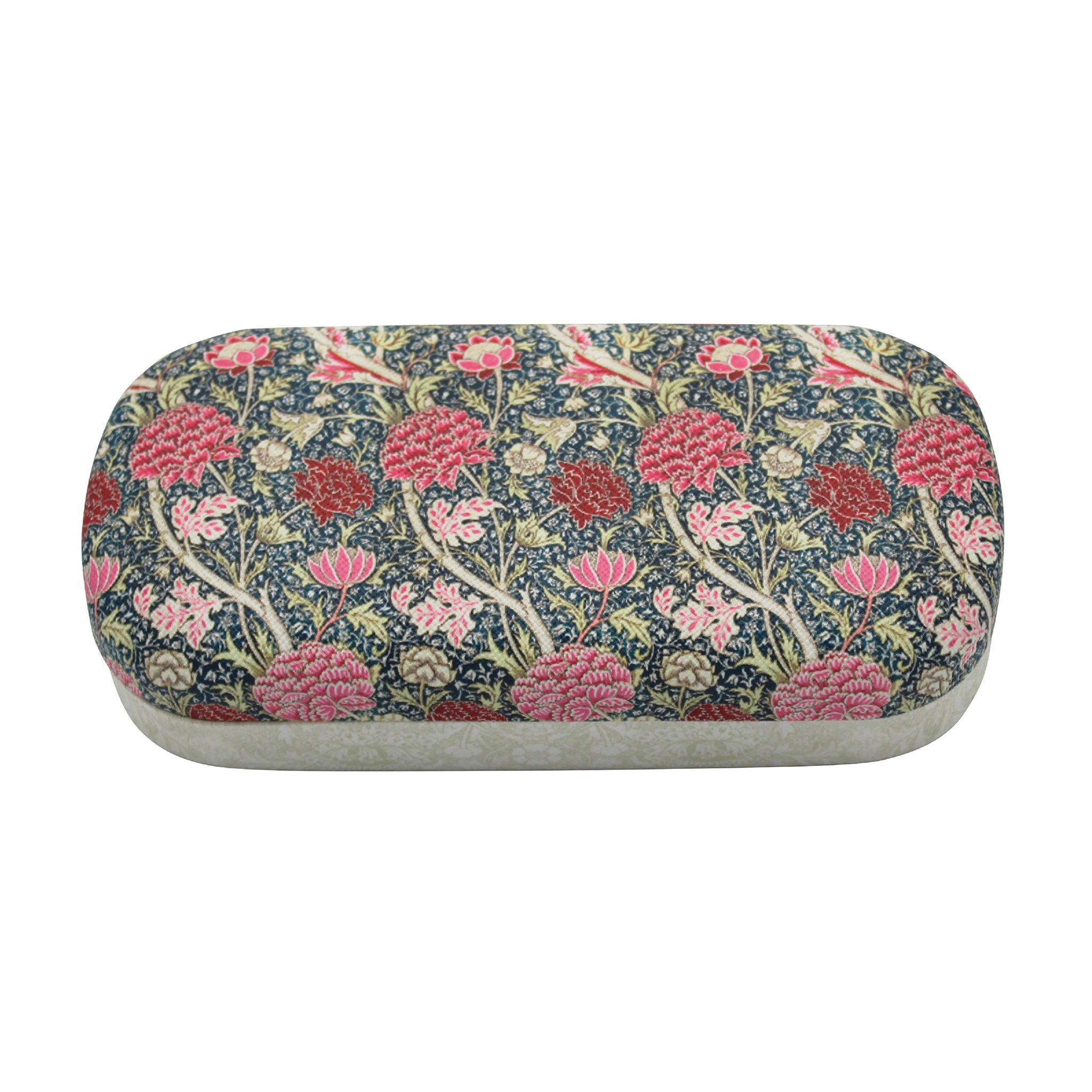 Floral patterned glasses case on a white background.