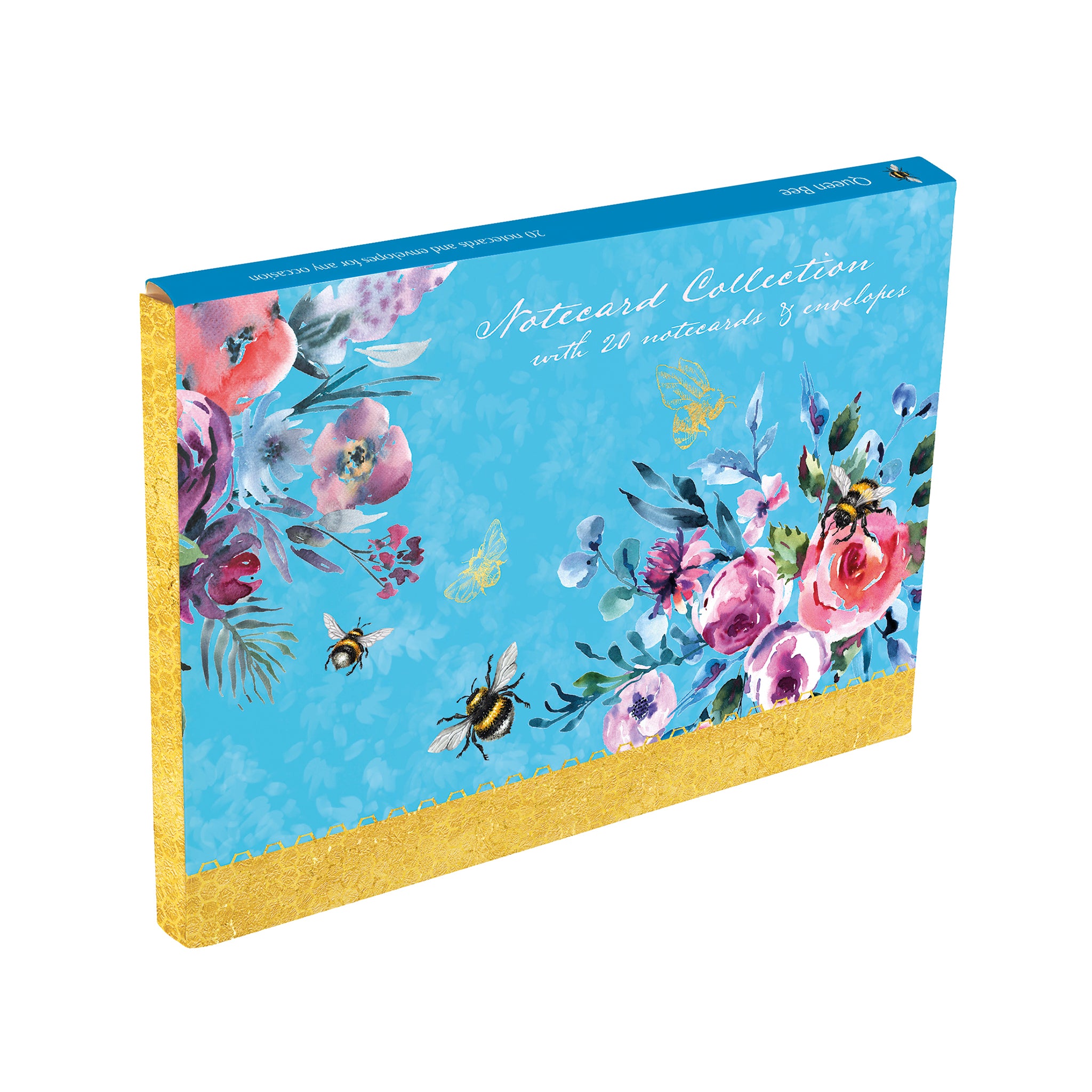 Floral notecard collection with bees on a blue background.