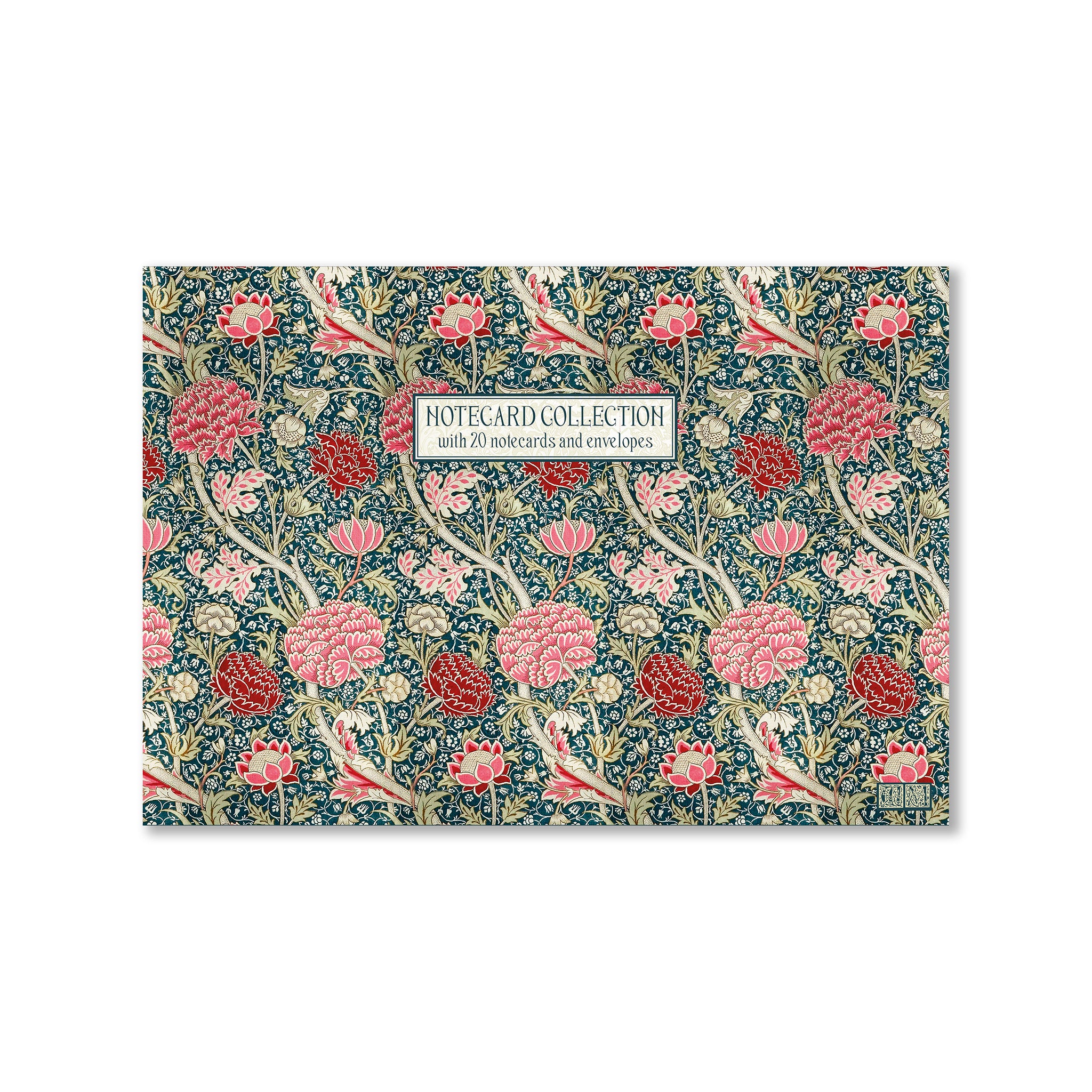 Floral patterned notecard collection with 20 notecards and envelopes on a white background.
