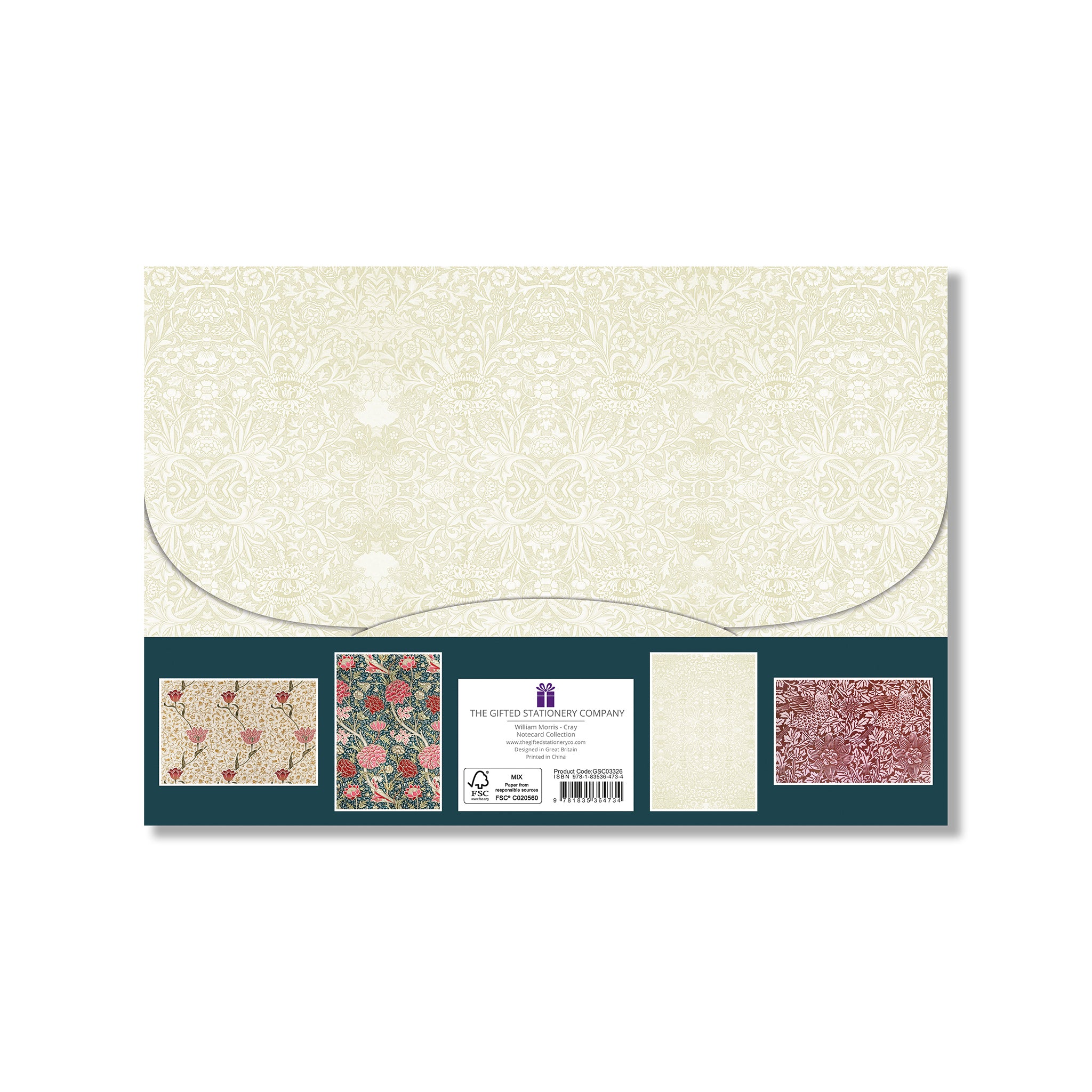 Notecard pack with patterned paper envelopes against a white background.