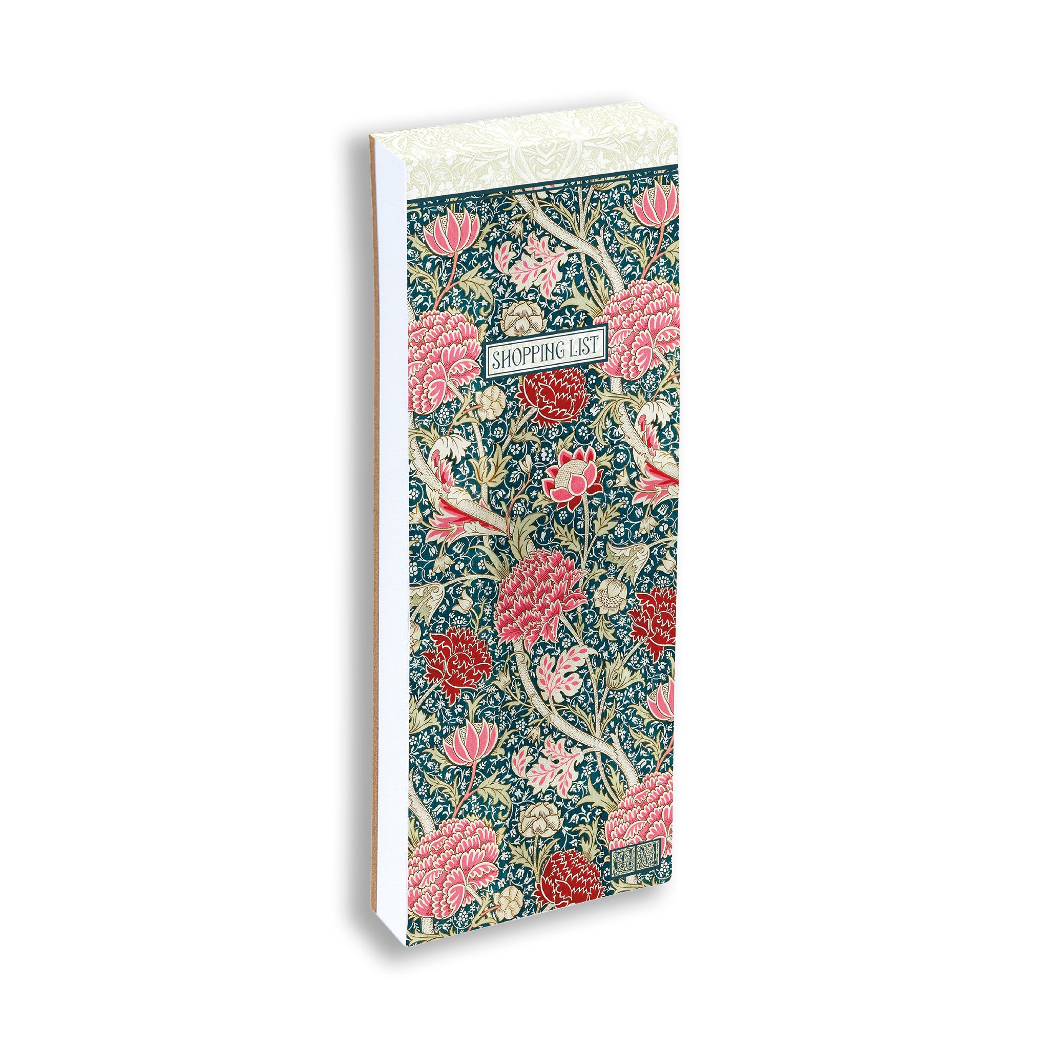 Angled view of floral patterned notepad with a visible brand name on a white background.